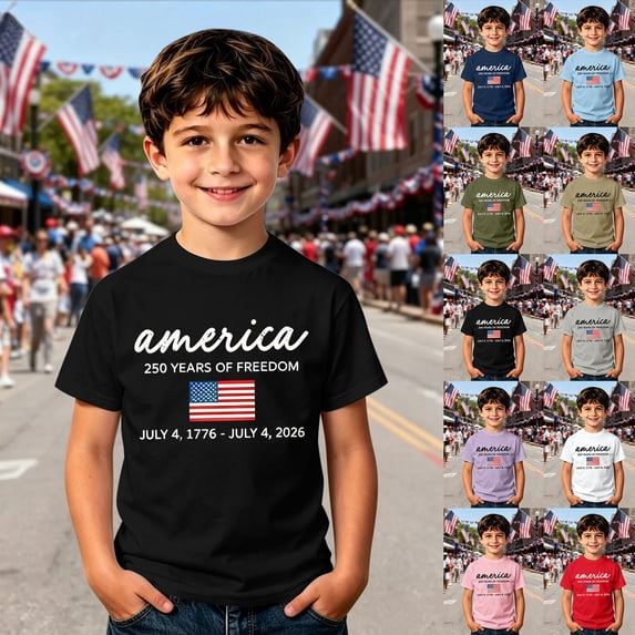 Bainana Boys' American Flag Tee Shirts Short Sleeve Graphic Tops Kids Crew Neck 250 Years Of Freedom Celebration Tees For 4Th Of July Size 2-3 Years Army Green