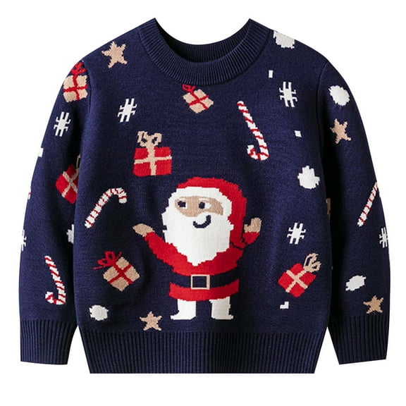 Bainana Boys Christmas Sweater Toddler Cartoon Print Long Sleeve Crew Neck Tops Loose Fashion Kids Outwear Navy Size 1-2 Years
