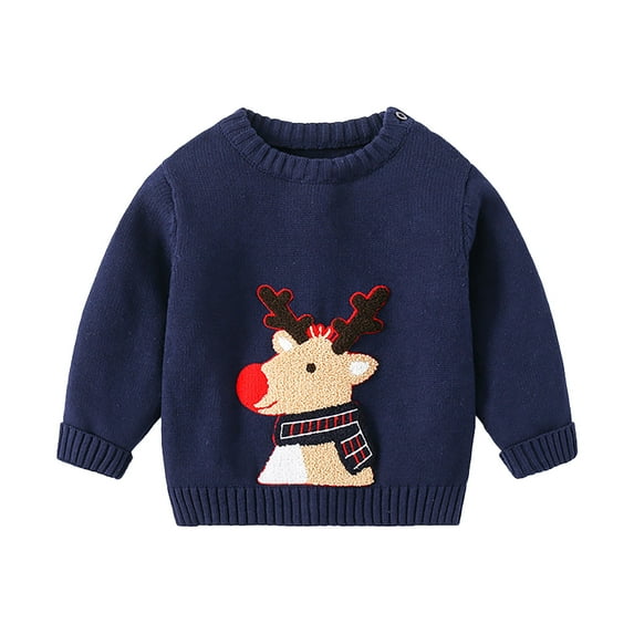 Bainana Boys Christmas Sweater Toddler Reindeer Print Long Sleeve Crew Neck Tops Loose Fashion Kids Outwear Navy Size 4-5 Years