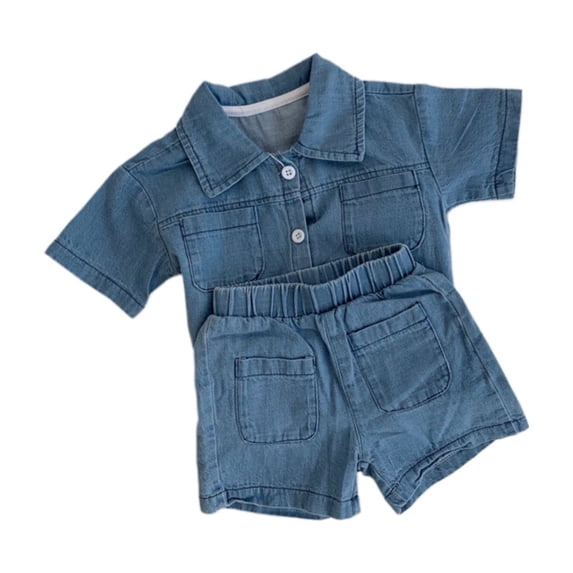 Bainana Boys Denim Outfit Set Toddler Solid Color Short Sleeve Lapel Collar Shirts And Shorts Set Breathable Handsome Little Boys Summer School Party Daily Wear Size 3-4 Years