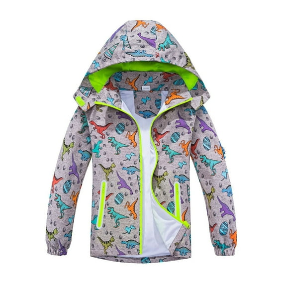 Bainana Boys Jacket Child Dinosaur Print Long Sleeve Hooded Coat Comfortable Leisure Spring Autumn Kids Zip Up Windbreaker Grey Size 18-24 Months