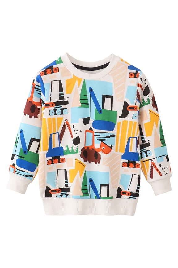 Boys Sweatshirt Kids Cartoon Car Print Crew Neck Long Sleeve Pullover Tops Little Child Loose Fit Street Casual Tops Clothes Blue Size 5-6 Years