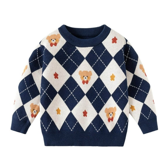 Bainana Boys Sweatshirt Toddler Plaid Print Long Sleeve Crew Neck Sweater Fashion Lightweight Fall Winter Kids Pullover Tops Navy Size 3-4 Years