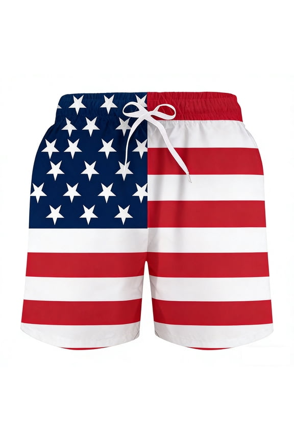 Boys Swim Trunks With Elastic Waist Double Layer National Flag Print Beach Shorts Lightweight Casual Boys Summer Holiday Pool Party Swimsuit Red Size 5-6 Years
