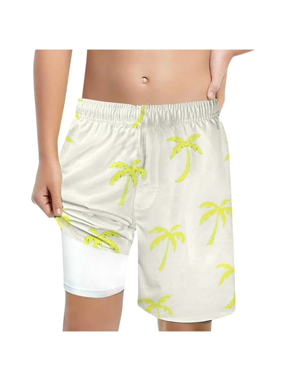 Boys Swimwear Cartoon Print Elastic Waist Straight Leg Swimming Shorts Teen Boys Regular Fit Beach Vacation Beachwear Beige Size 10-12 Years