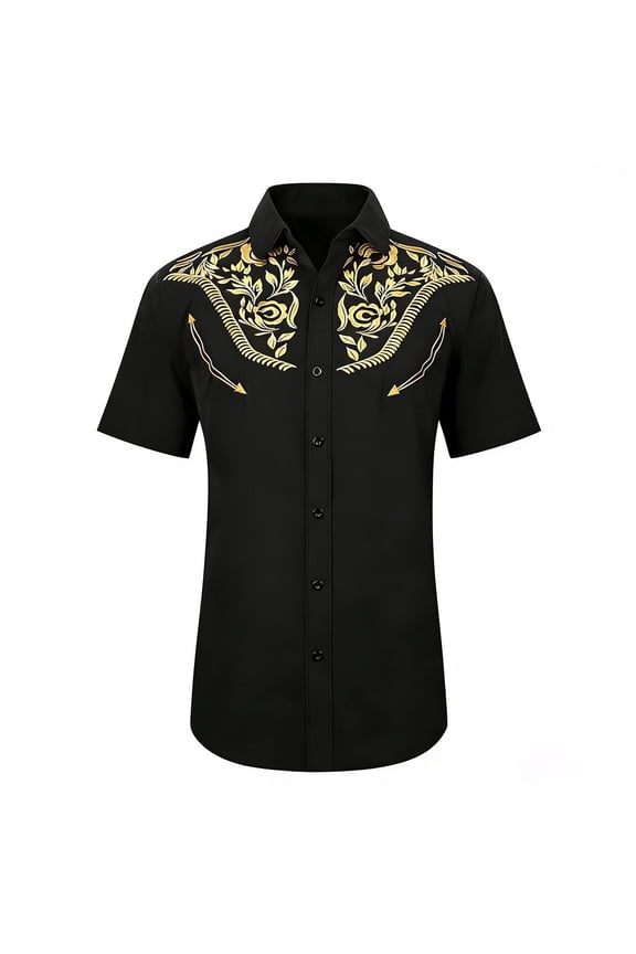 Boys Western Cowboy Shirt Child Floral Print Long Sleeve Button Down Casual Top Handsome Fashion Little Children Festival Playwear Clothes Black Size 10-11 Years