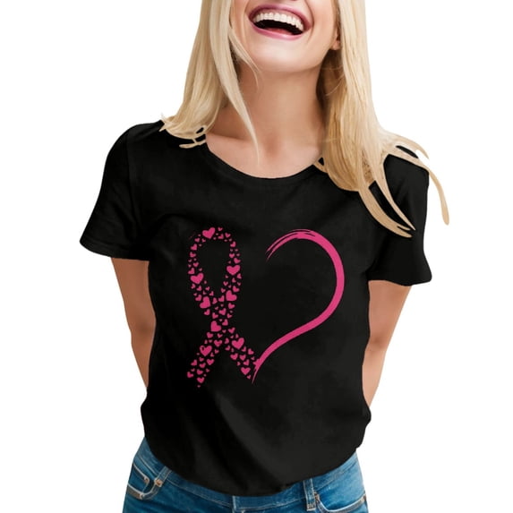 Bainana Cancer Shirts For Women Pink Ribbon Heart Print Tees Short Sleeve Cancer Awareness Shirts Cancer Support Survivor Tees Size S-Xxl Black