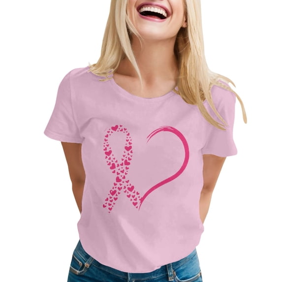Bainana Cancer Shirts For Women Pink Ribbon Heart Print Tees Short Sleeve Cancer Awareness Shirts Cancer Support Survivor Tees Size S-Xxl Pink