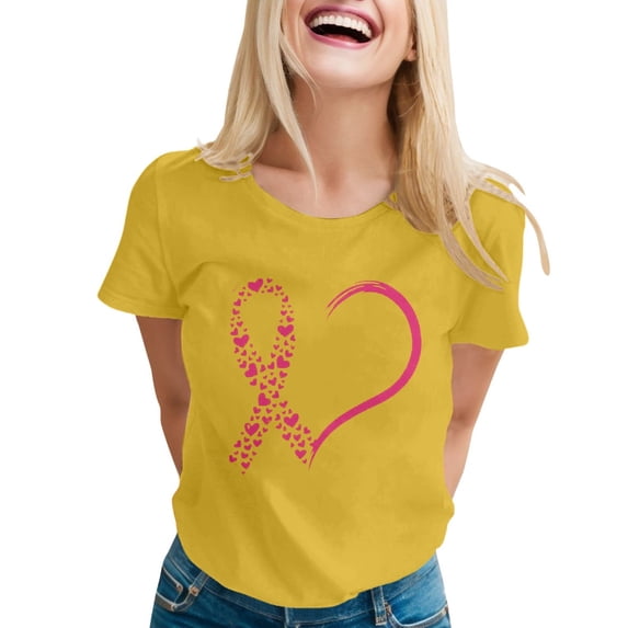 Bainana Cancer Shirts For Women Pink Ribbon Heart Print Tees Short Sleeve Cancer Awareness Shirts Cancer Support Survivor Tees Size S-Xxl Yellow