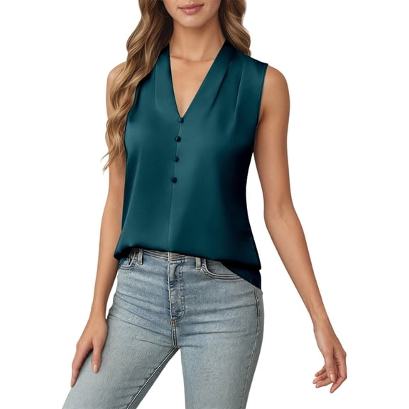 Bainana Button Down V Neck Blouse For Women Solid Color Sleeveless Classic Shirts Elegant Stylish Female Work Business School Dailywear Blue Size S