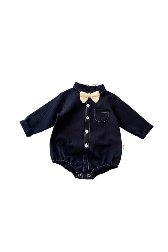 Button Up Romper For Infant Boys Solid Color Long Sleeve Lapel Neck Jumpsuit Handsome Cute Kids Clothes Dark Blue Size