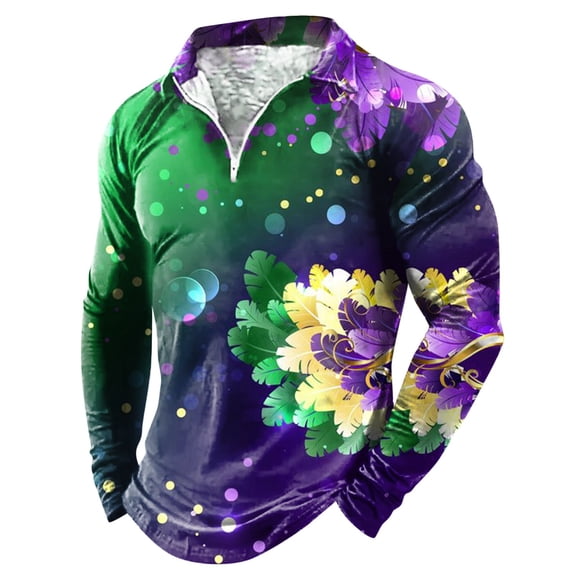 Bainana Carnival Fashion Print T-Shirt For Men Long Sleeve Zip Up Lapel Collar Tops Breathable Soft Male Mardi Gras Party Dailywear Green Size Xl