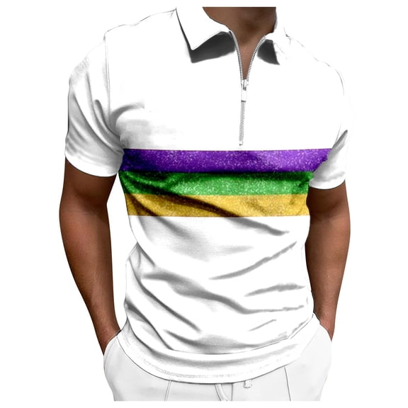 Bainana Carnival Men's T Shirt Striped Print Short Sleeve Lapel Collar Tops Fashion Soft Men's Mardi Gras Festival Half Zip Outfits White Size L