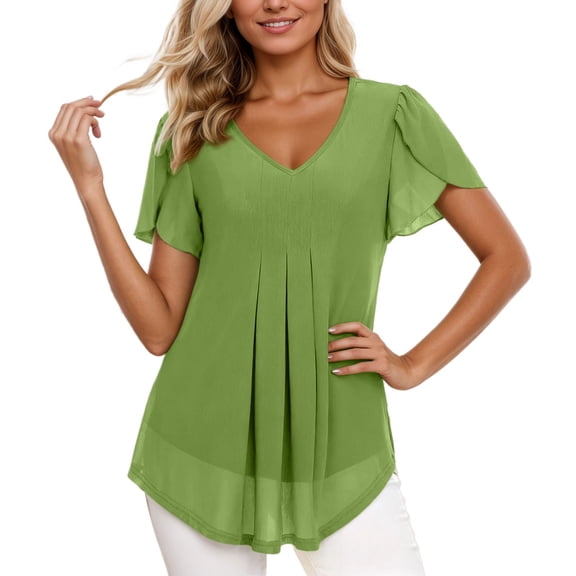 Bainana Casual Blouse For Women Solid Color Ruffled Sleeve V Neck Tops Fashion Lightweight Ladies Summer Mesh Clothes Green Size S