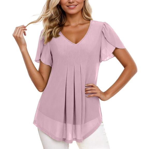 Bainana Casual Blouse For Women Solid Color Ruffled Sleeve V Neck Tops Fashion Lightweight Ladies Summer Mesh Clothes Pink Size Xl