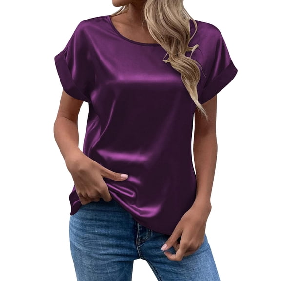 Bainana Casual Crewneck Tshirt For Women Solid Color Short Sleeve Summer Tops Comfortable Relax Fit Female Dailywear Blouse Purple Size M