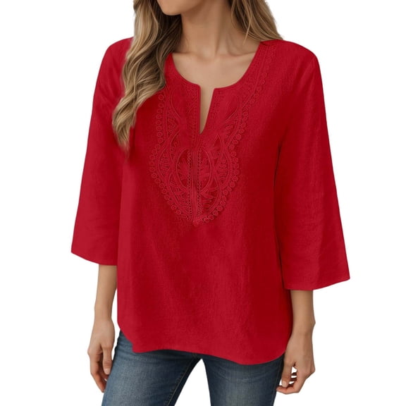 Bainana Casual Shirt For Women Floral Print Cropped Sleeve V Neck Tops Breathable Soft Ladies Loose Fit Spring Summer Clothes Red Size Xxxl