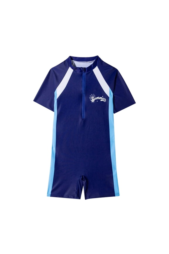 Child Boys One-Pieces Swimwear Color Block Short Sleeve Crew Neck Swimsuit Fashion Casual Youth Kids Toddler Summer Beach Seaside Bathing Suit Blue1 Size 3-4 Years