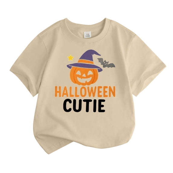 Bainana Child Girls Halloween T-Shirts Size 4-5 Years Cozy Pumpkin Letter Print Short Sleeve Tees Festival Clothes Beige