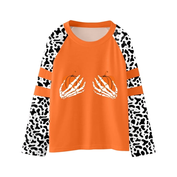 Bainana Child Girls Halloween T-Shirts Size 9-10 Years Stylish Face Print Long Sleeve Tshirts Streetwear Outfits Red