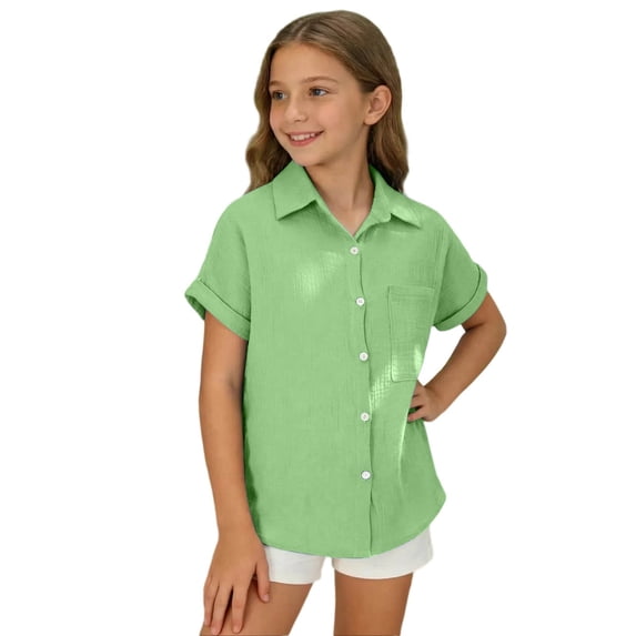 Bainana Child Girls Solid Color Shirts Short Sleeve Lapel Collar Button Down Tshirt Lightweight Soft Little Kids School Holiday Playwear Outfits Light Green Size 13-14 Years
