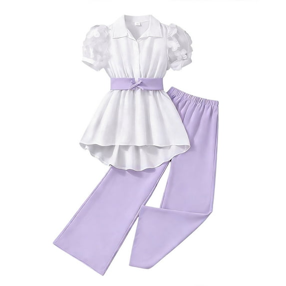 Bainana Child Outfit Set Summer Solid Color Short Sleeve Lapel Collar Shirt And High Waist Trousers Two Piece Casual Clothes Little Girls Comfortable Matching Set Purple Size 11-12 Years
