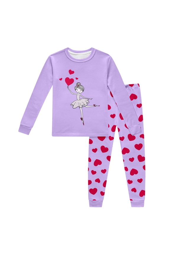 Child Sleep Outfit Set Cartoon Print Long Sleeve Crew Neck Top And Pants Casual Homewear Outfit Soft Little Girls Breathable Matching Set Purple Size 6-7 Years