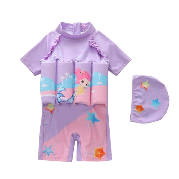 Bainana Children'S Buoyancy Swimsuit For Girls Cartoon Print Short Sleeve Crew Neck Romper Bathing Suit Fashion Stylish Toddler Girls Seaside Surfing Swim Wear With Cap Purple Size 4-5 Years