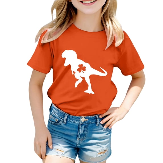 Bainana Children'S Dinosaur Print T Shirt Boys Girls' Festival Round Neck Short Sleeve Top Comfortable Cute Little Kids Summer Dailywear Orange Size 8-9 Years