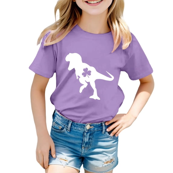 Bainana Children'S Dinosaur Print T Shirt Boys Girls' Festival Round Neck Short Sleeve Top Comfortable Cute Little Teen Kids Summer Dailywear Purple Size 4-5 Years