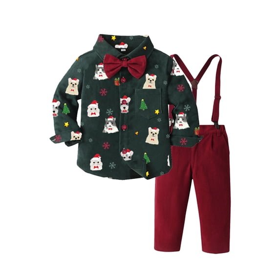 Bainana Boys Christmas Outfit Set Long Sleeve Cartoon Print Shirt And Suspender Pants 2 Pieces Clothes Set Toddler Kids Fashion Party Wear