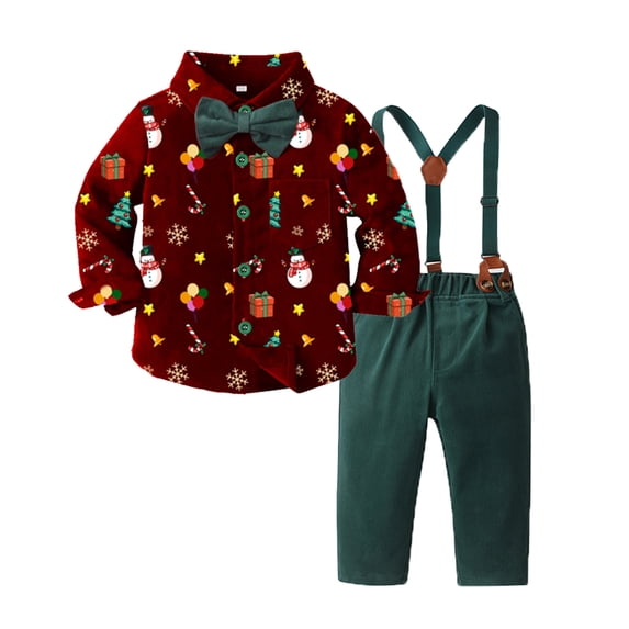 Bainana Boys Christmas Outfit Set Long Sleeve Cartoon Print Shirt And Suspender Pants 2 Pieces Matching Set Toddler Kids Comfortable Outdoor Wear