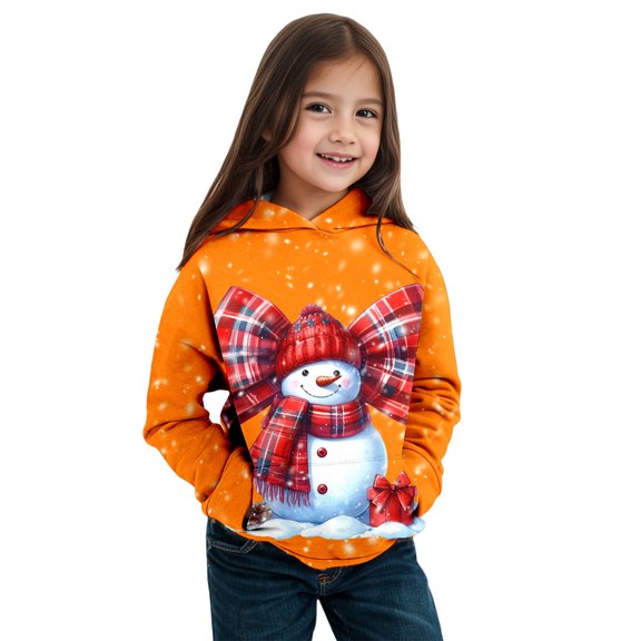 Bainana Christmas Hoodie For Boys Child Snowman Print Long Sleeve Hooded Tops Fashion Comfortable Autumn Winter Kids Outdoor Wear Orange Size 4-5 Years