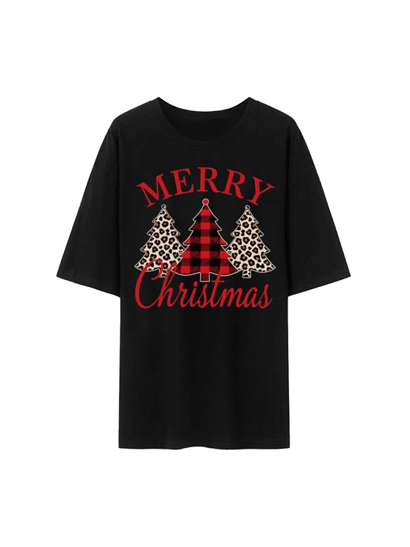 Christmas Short Sleeve T Shirts For Ladies Santa Tree Letter Print Crew Neck Tops Trendy Casual Wear T-Shirts For Adult Size S-Xxl