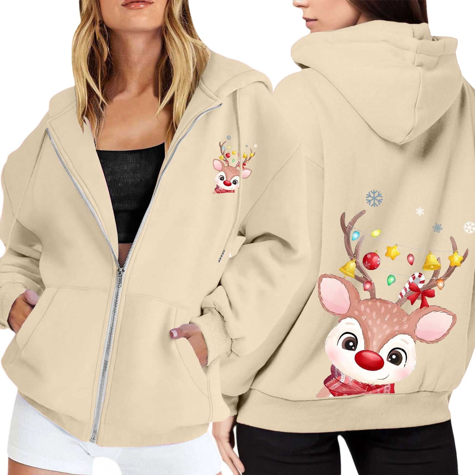 Bainana Christmas Zip Up Hoodies For Women Reindeer Print Hooded