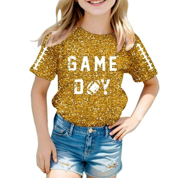Bainana Crewneck Tops For Little Girls Sequin Print Short Sleeve Pullover Shirt Cute Fashion Summer Girls Clothes Gold Size 4-5 Years