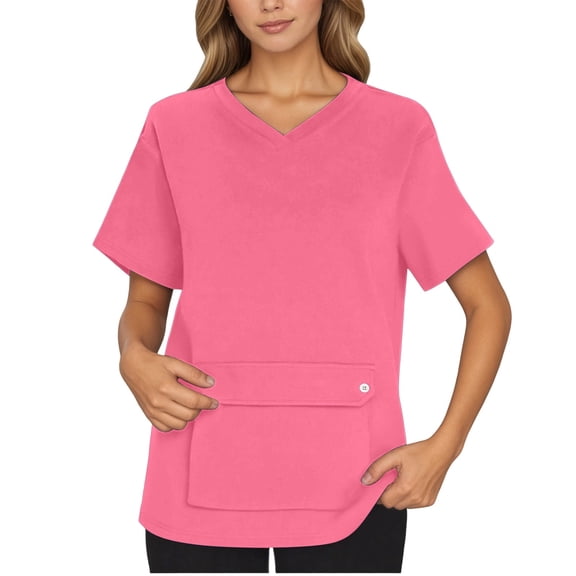 Bainana Crewneck Tshirt For Women Solid Color Short Sleeve V Neck Tops With Front Pocket Comfortable Female Work Healthcare Staff Clothes Pink Size M
