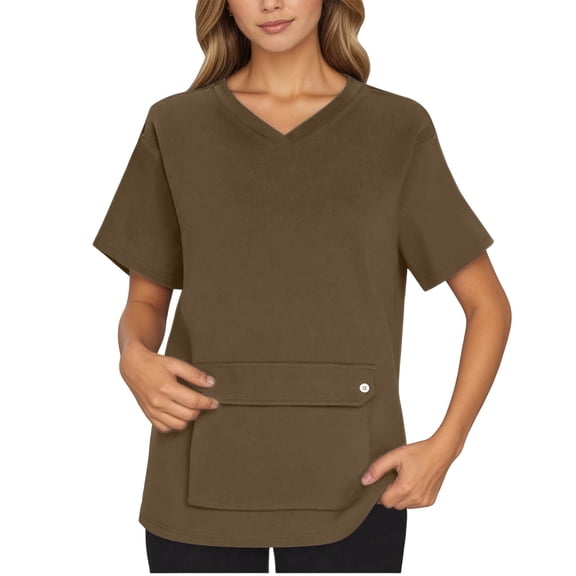 Bainana Crewneck Tshirt For Women Solid Color Short Sleeve V Neck Tops With Front Pocket Comfortable Female Work Healthcare Staff Clothes Brown Size M