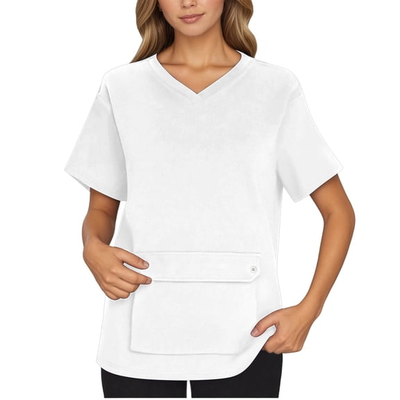 Bainana Crewneck Tshirt For Women Solid Color Short Sleeve V Neck Tops With Front Pocket Comfortable Female Work Healthcare Staff Clothes White Size M