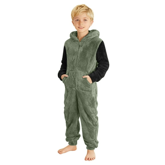 Bainana Dark Green Romper For Boys Girls Child Color Block Long Sleeve Hooded Jumpsuit Casual Loose Kids Fall Winter Nightwear Clothes Size 4-5 Years