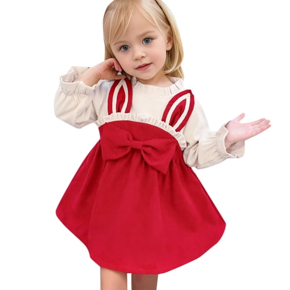 Bainana Easter Cute Dress For Girls Infant Bunny Print Long Sleeve Crew Neck Dresses Comfortable Loose Baby Girls Festival Spring Outfits Red Size 18-24 Months