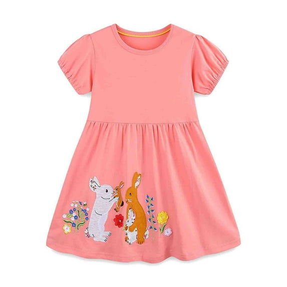 Bainana Easter Summer Dress For Girls Toddler Floral Bunny Print Short Sleeve Crew Neck Dresses Casual Soft Little Girls Party Playwear Outfits Pink Size 3-4 Years