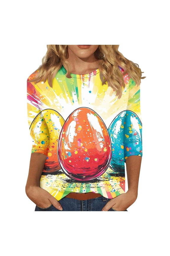 Easter Summer T-Shirt For Women Fashion 3D Egg Printed Casual 3/4 Sleeve Round Neck T Shirt Top Ladies Festival Modern Fit Tee Multicolour Size L