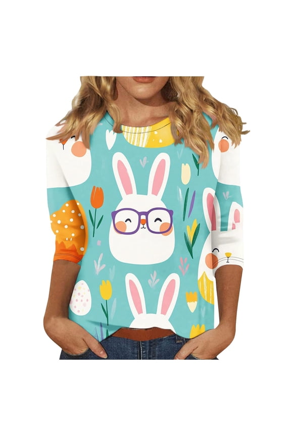 Easter Summer T-Shirt For Women Fashion Bunny Floral Printed Casual 3/4 Sleeve Round Neck T Shirt Top Ladies Festival Comfort Tee Multicolour Size L