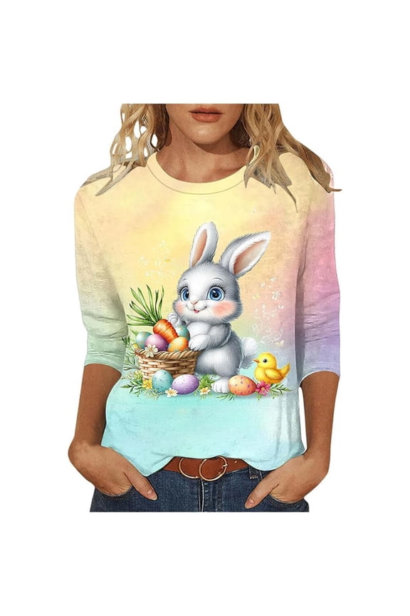Easter T-Shirt For Women Fashion Floral Bunny Print Round Neck 3/4 Sleeve Casual T Shirt Top Ladies Festival Modern Fit Tee Yellow Size L