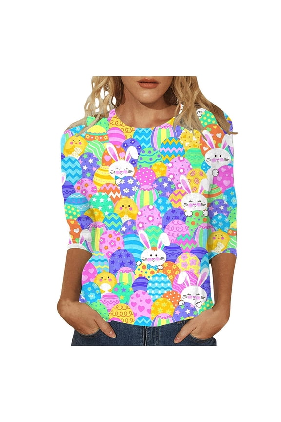 Easter T-Shirt For Women Casual Crew Neck Cartoon Bunny Print 3/4 Quarter Sleeve T Shirt Ladies Festival Cute Sweet Tee Shirts Purple Size Xxl