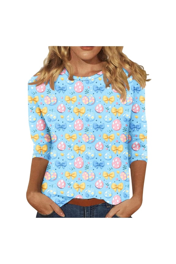Easter T-Shirt For Women Fashion Bowknot Egg Printed Casual 3/4 Sleeve Round Neck T Shirt Top Ladies Festival Cute Sweet Tee Multicolour Size Xxl