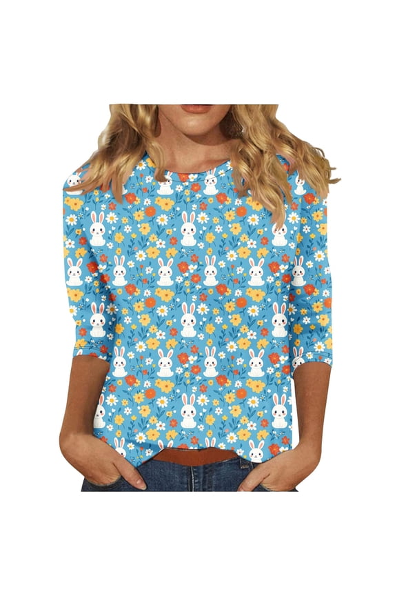 Easter T-Shirt For Women Fashion Bunny Floral Printed Casual 3/4 Sleeve Round Neck T Shirt Top Ladies Festival Modern Fit Tee Multicolour Size Xxl
