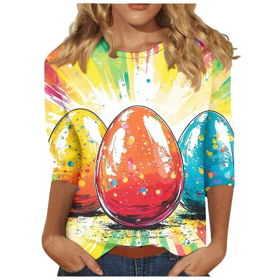 Bainana Easter T-Shirts For Women Egg Print 3/4 Sleeve Crew Neck Tops Fashion Stylish Ladies Festival Party Playwear Shirts Multicolour Size S
