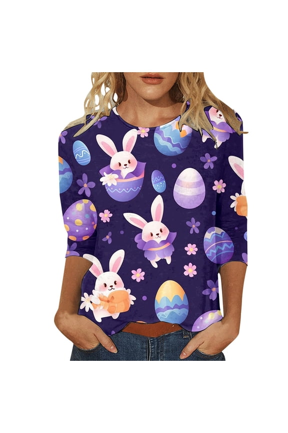 Easter Women's T-Shirt Bunny Print Three Quarter Sleeve Crew Neck T Shirt Top Spring Summer Fashion Ladies Festival Casual Tshirts Dark Purple Size L